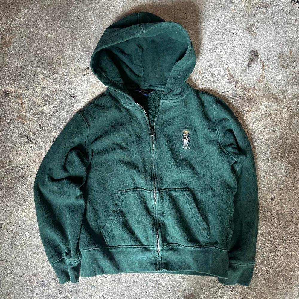 Polo Ralph Lauren Youth green zip up hoodie small polo bear Size M (10-12)